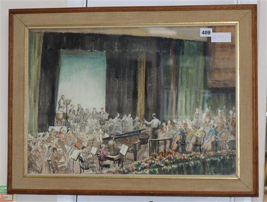 Juliet Pannett (1911-2005) watercolour, Orchestra, signed and dated 55, 38 x 55cm.